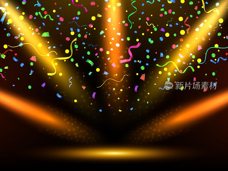Stage with colorful yellow lights. Celebration. Vector serpentine and confetti. Background. Podium, road, pedestal or platform illuminated by spotlights. Vector.